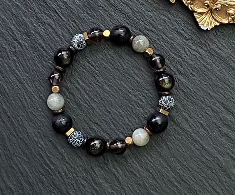 農曆七月避邪保平安-金曜石x黑曜石x風化瑪瑙x六字箴言x白閃光石