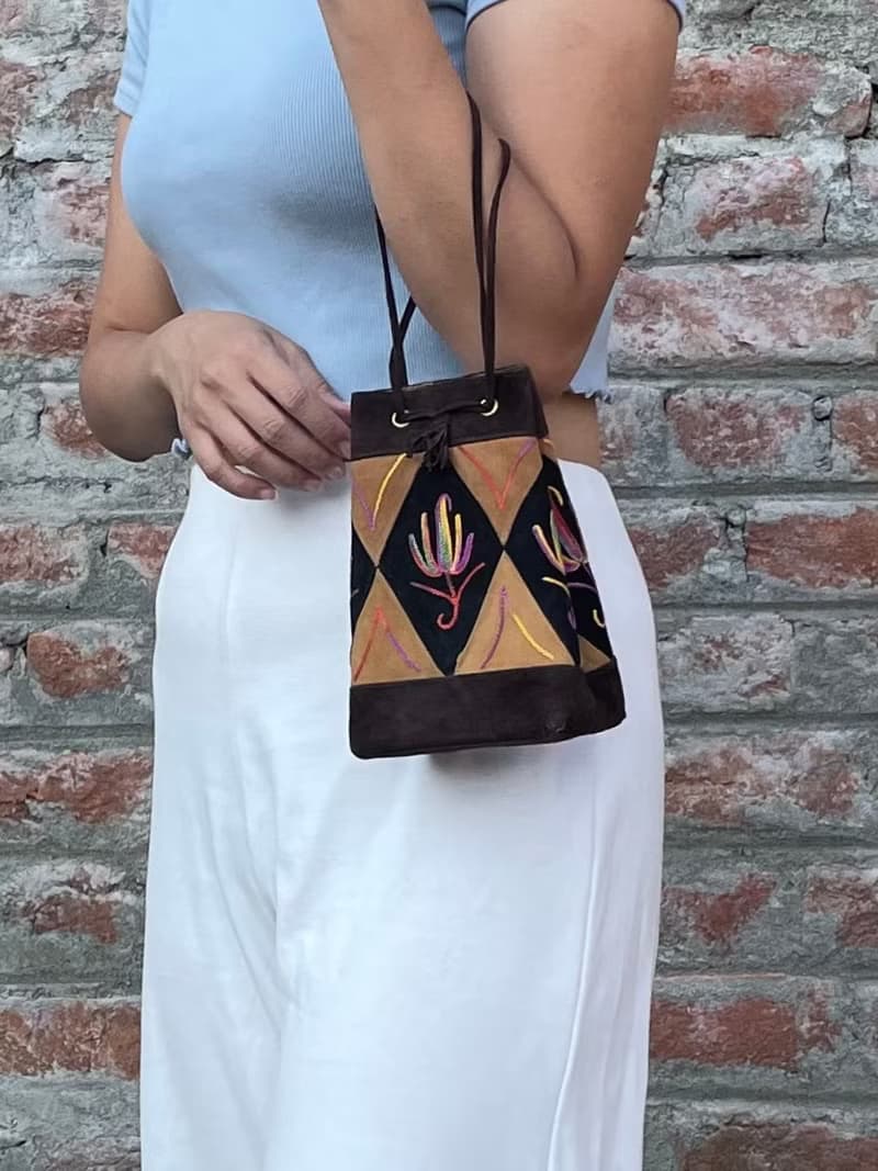 印度喀什米爾 手工麂皮刺繡迷你手袋