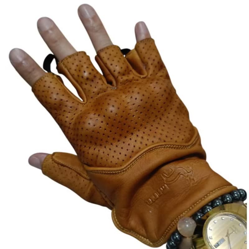Gloves Real Leather Dark Yellow Vintage classic cafe racer Biker half fingers