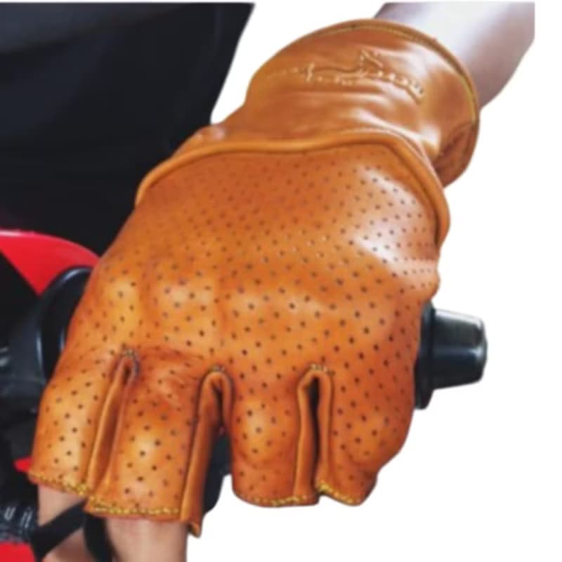 Gloves Real Leather Dark Yellow Vintage classic cafe racer Biker half fingers