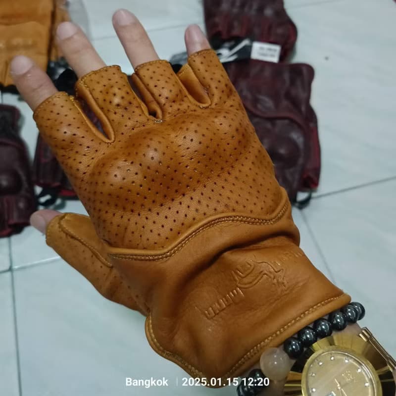 Gloves Real Leather Dark Yellow Vintage classic cafe racer Biker half fingers