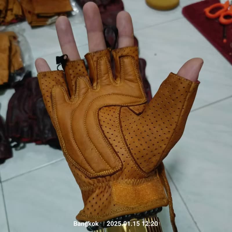 Gloves Real Leather Dark Yellow Vintage classic cafe racer Biker half fingers