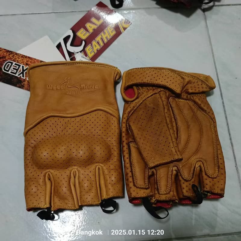 Gloves Real Leather Dark Yellow Vintage classic cafe racer Biker half fingers