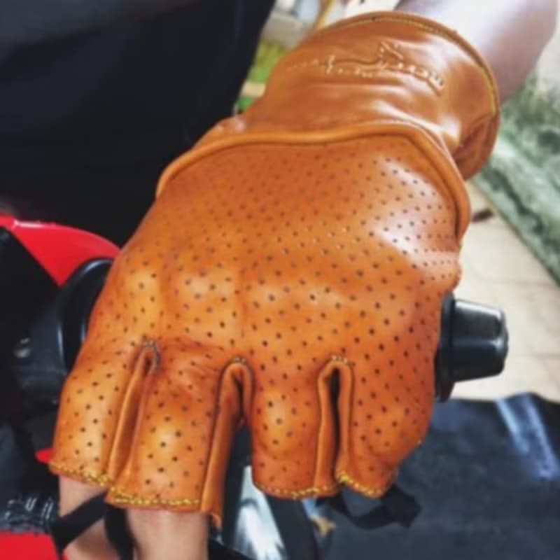 Gloves Real Leather Dark Yellow Vintage classic cafe racer Biker half fingers
