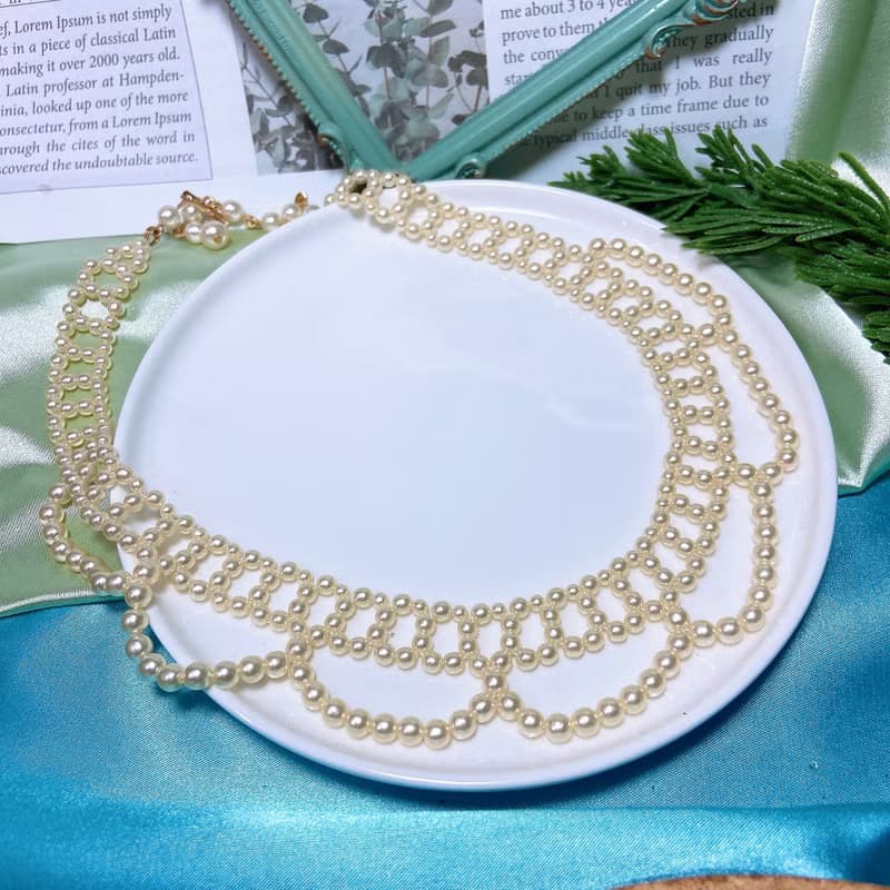 【西洋古董飾品】稀有洛可可珍珠花感簍空 蕾絲領口優雅編織 項鍊