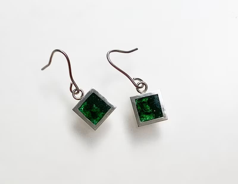 純銀方形珐瑯耳環  一對