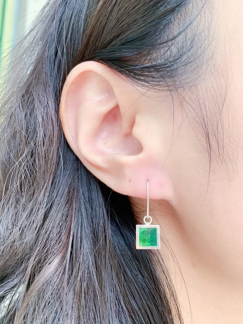 純銀方形珐瑯耳環  一對