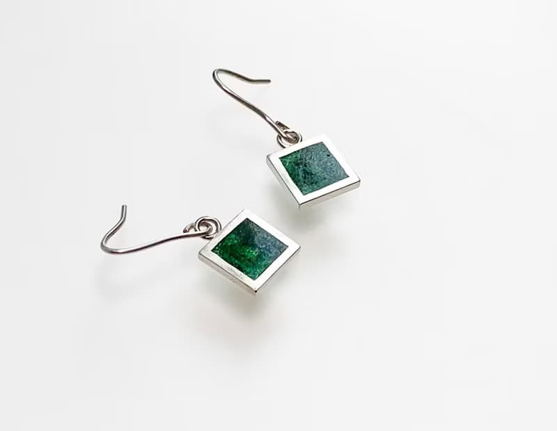 純銀方形珐瑯耳環  一對