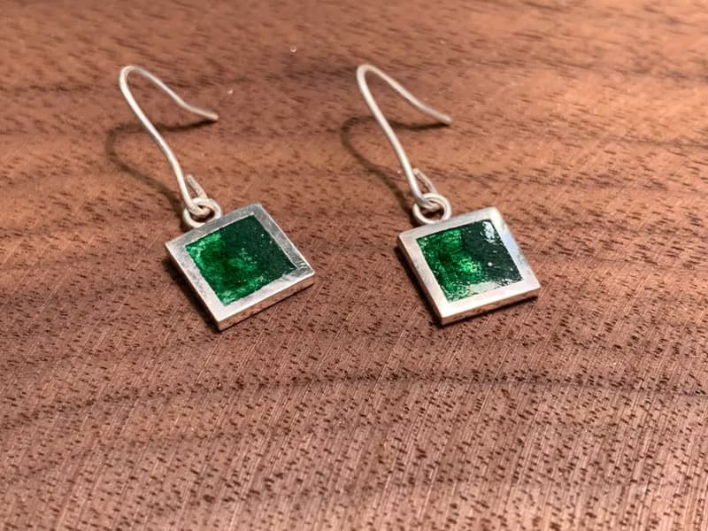 純銀方形珐瑯耳環  一對