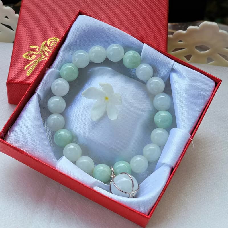 Burmese jade bead bracelet, decorated with white jade pendant, covered with real 925 Silver, natural jade Type A 9.6 mm.