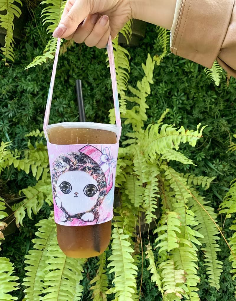 環保杯套 | 飲料提袋 | 雙面使用 - 粉紅色禮物貓