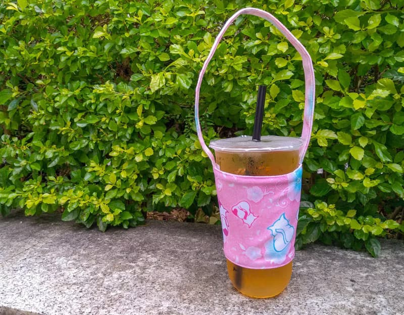 環保杯套 | 飲料提袋 | 雙面使用 - 粉紅色禮物貓