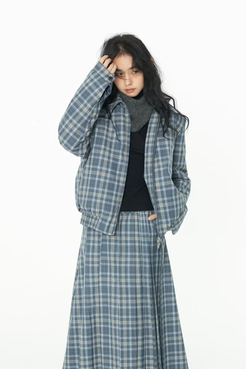 Thread 藍色格紋復古羽絨服外套