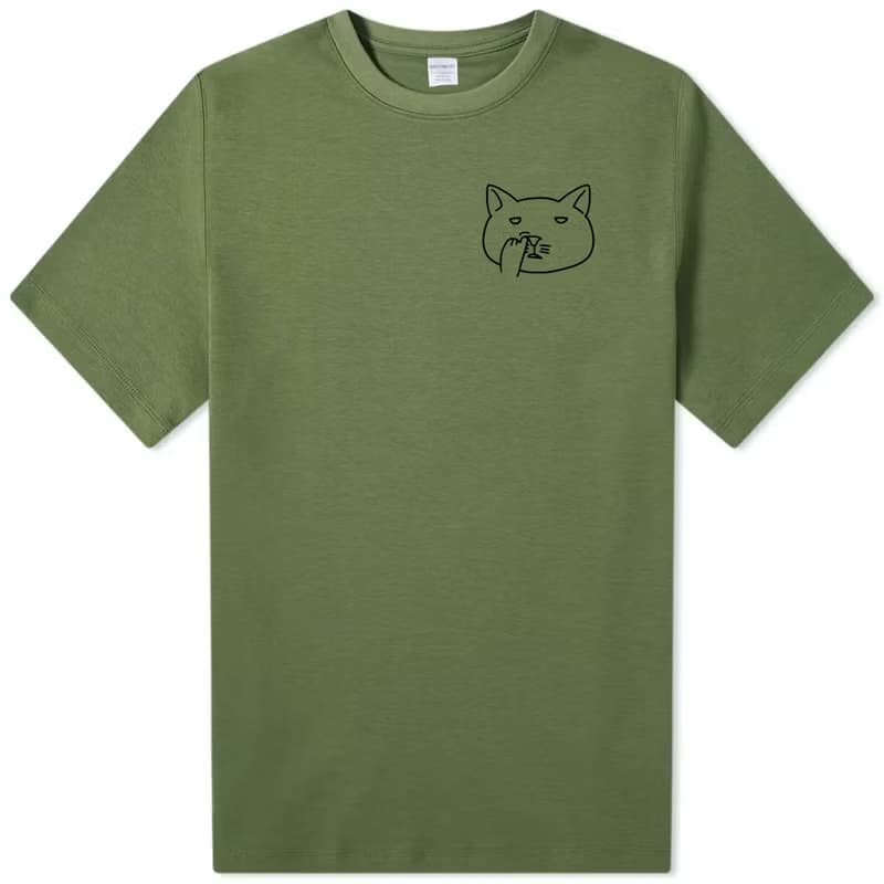左胸 Nose Picking Cat 短袖T恤 軍綠色 貓咪挖鼻孔 厭世禮物