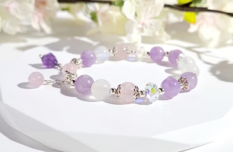 清幽紫粉白 - 天然藍光白月光石/淡粉晶/薰衣草紫晶手鍊