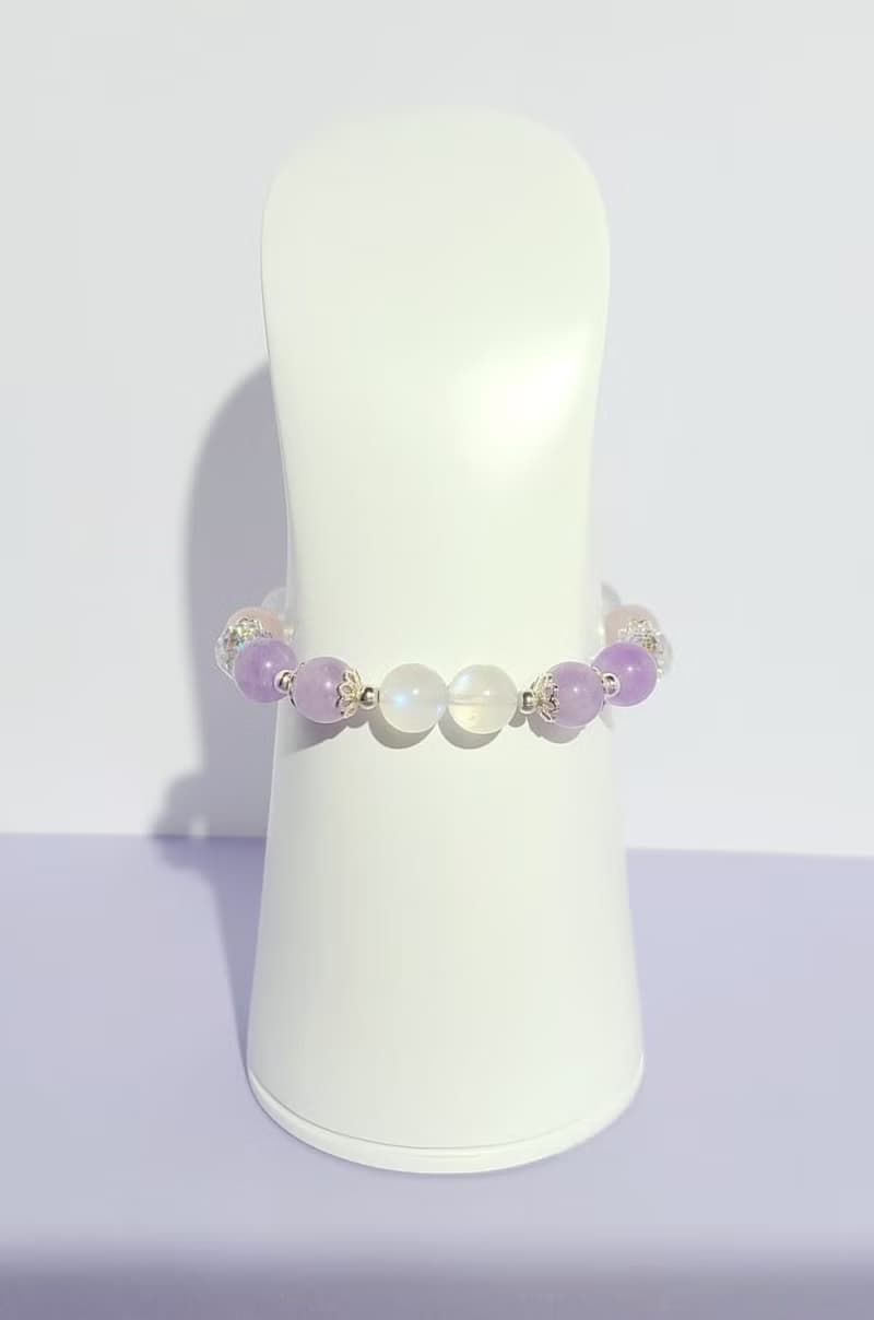 清幽紫粉白 - 天然藍光白月光石/淡粉晶/薰衣草紫晶手鍊