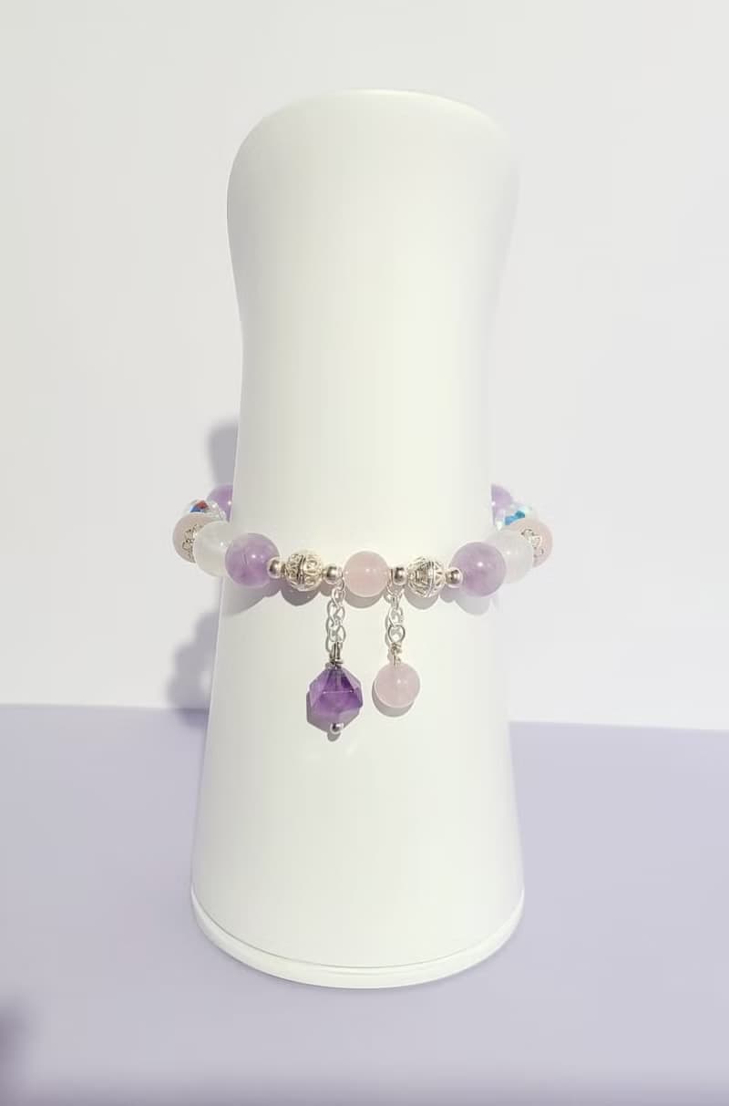 清幽紫粉白 - 天然藍光白月光石/淡粉晶/薰衣草紫晶手鍊