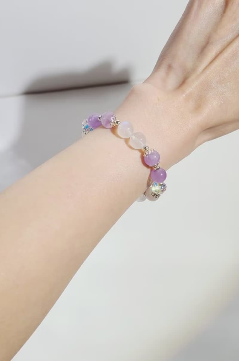 清幽紫粉白 - 天然藍光白月光石/淡粉晶/薰衣草紫晶手鍊