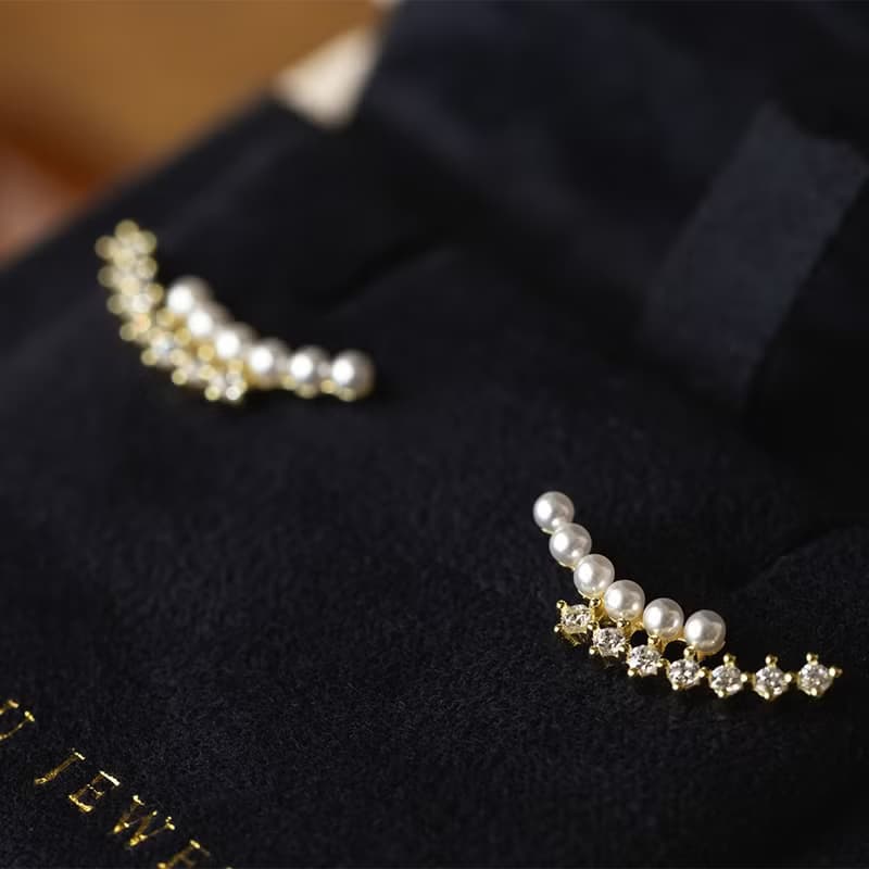 Luna 雙弧形鋯石珍珠耳環 925純銀鍍18k金