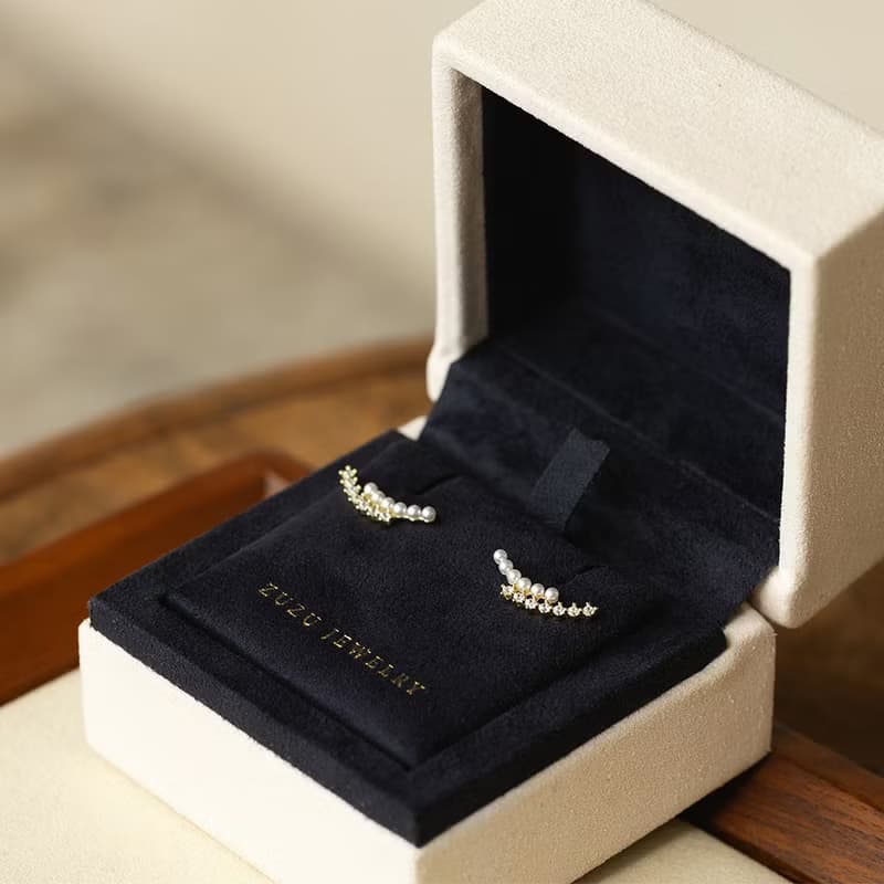 Luna 雙弧形鋯石珍珠耳環 925純銀鍍18k金