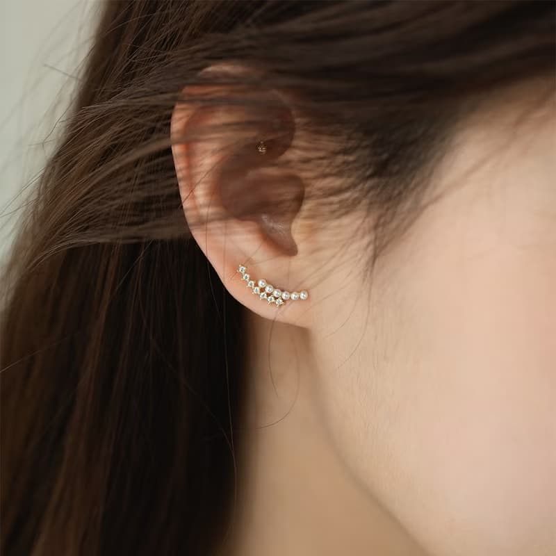 Luna 雙弧形鋯石珍珠耳環 925純銀鍍18k金