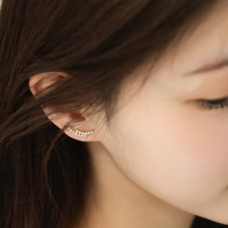 Luna 雙弧形鋯石珍珠耳環 925純銀鍍18k金