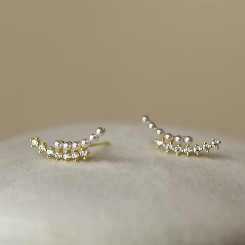 Luna 雙弧形鋯石珍珠耳環 925純銀鍍18k金