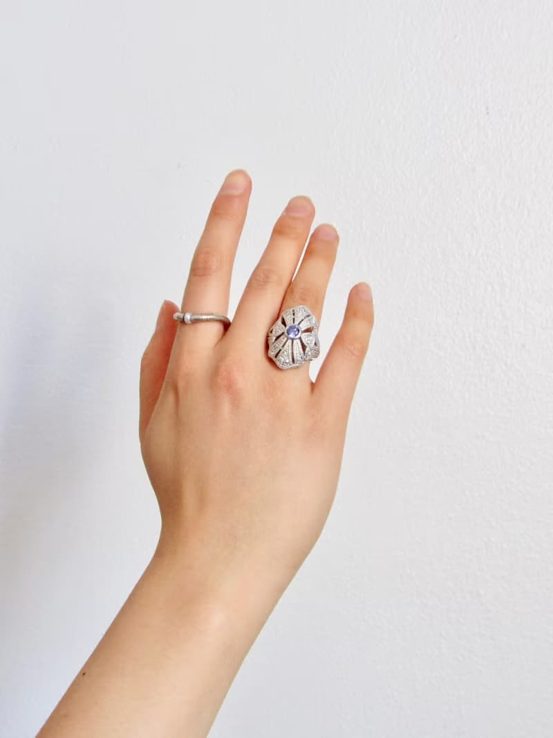 Vintage Filigree Shield Indigo Iolite Silver Cocktail Ring