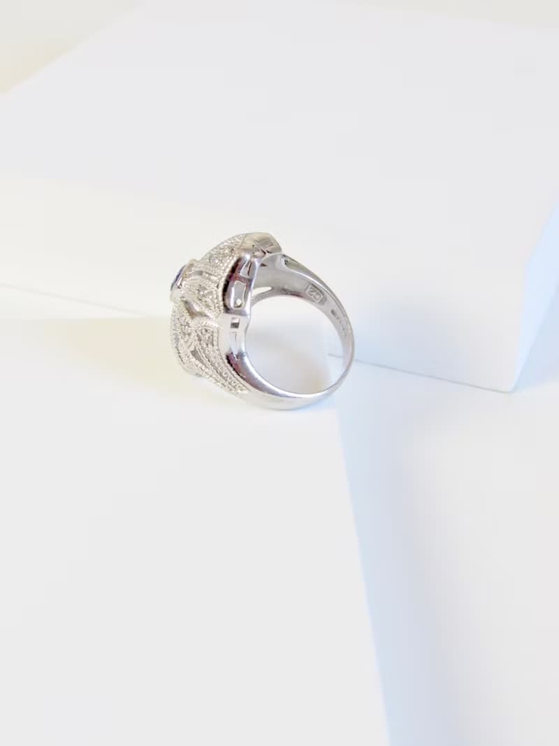 Vintage Filigree Shield Indigo Iolite Silver Cocktail Ring