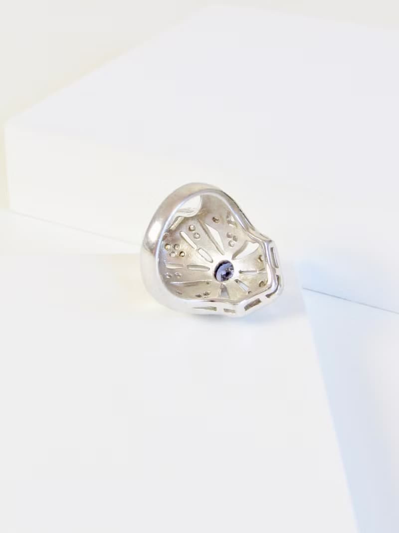 Vintage Filigree Shield Indigo Iolite Silver Cocktail Ring