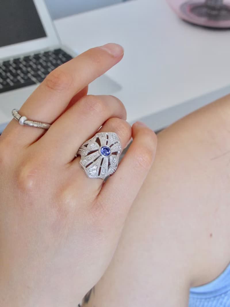 Vintage Filigree Shield Indigo Iolite Silver Cocktail Ring