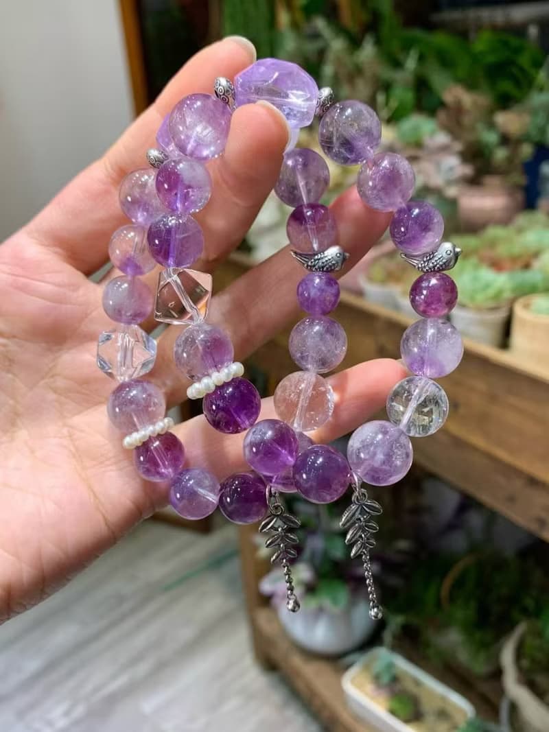 喜上眉梢歲歲平安紫兔毛紫水晶紫鋰云母珍珠白水晶多寶紫色繫手鏈