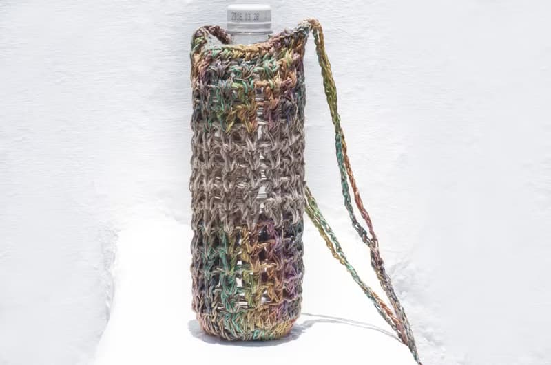 手工麻繩水壺袋/手工麻線水壺袋/保溫瓶袋/飲料提袋-棉麻彩虹漸層