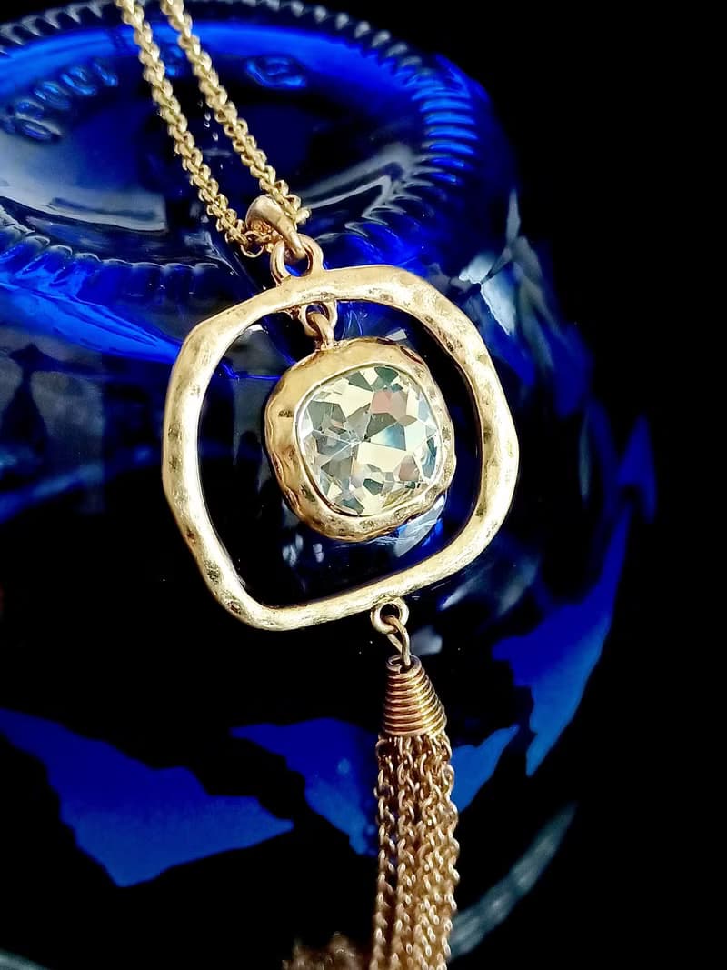 vintage jewelry 金色迴型萊茵流蘇長項鍊