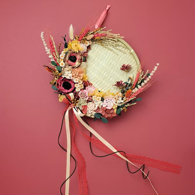 永生花乾燥花米篩佈置掛飾-喜慶紅橘粉下弦月款 喬遷入厝禮