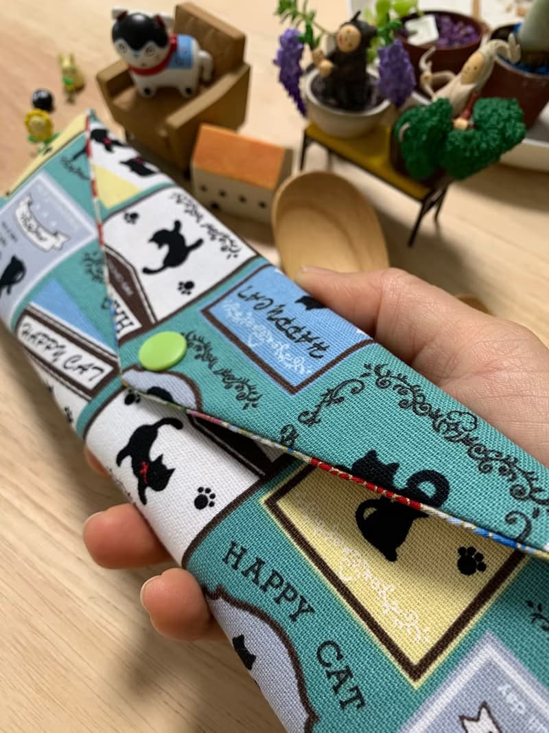 文青風環保純棉筷袋 快樂貓咪 氣質奶綠 日本 潮物 收納 手作餐具