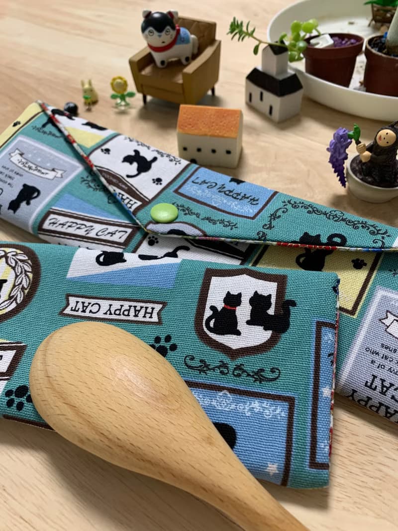 文青風環保純棉筷袋 快樂貓咪 氣質奶綠 日本 潮物 收納 手作餐具