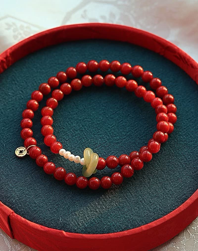 天然川料南紅瑪瑙 和田玉環環相扣純銀銅錢設計多圈手串手鍊s
