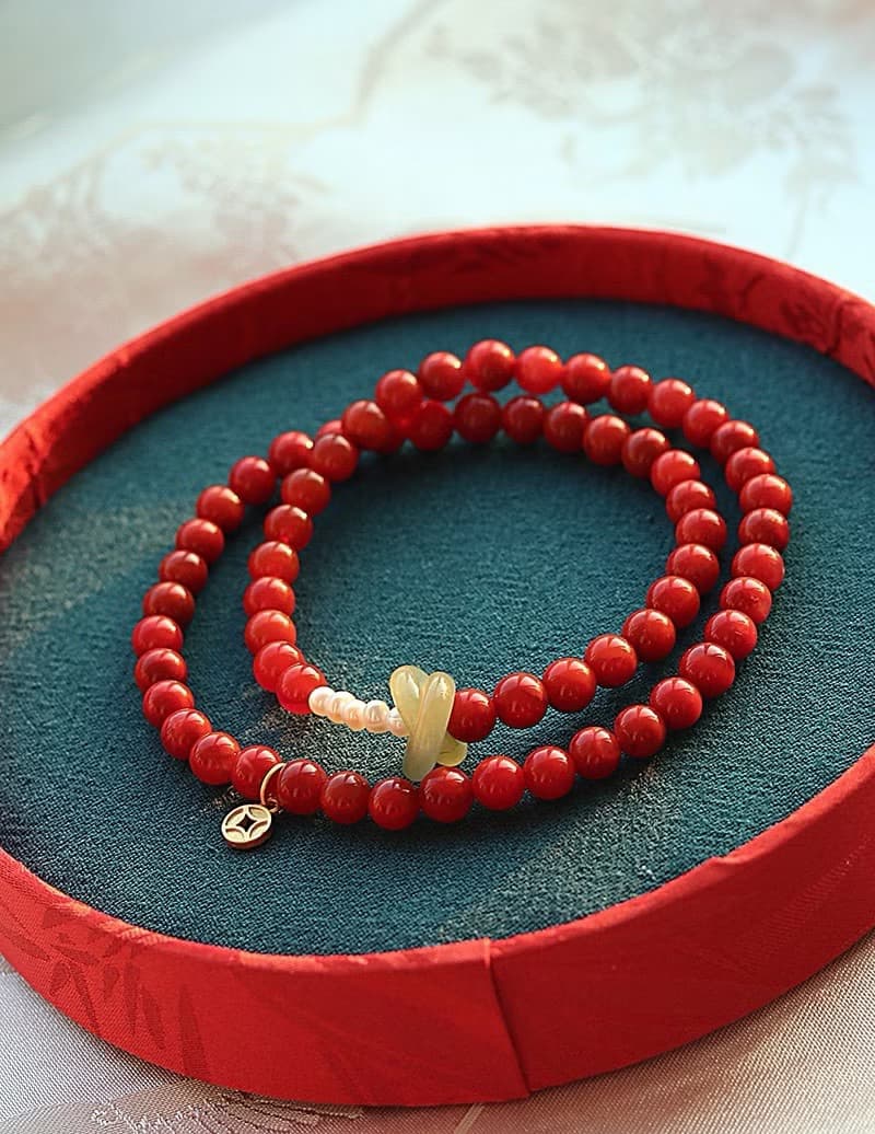 天然川料南紅瑪瑙 和田玉環環相扣純銀銅錢設計多圈手串手鍊s