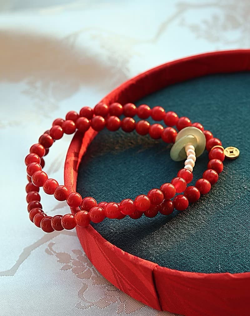 天然川料南紅瑪瑙 和田玉環環相扣純銀銅錢設計多圈手串手鍊s