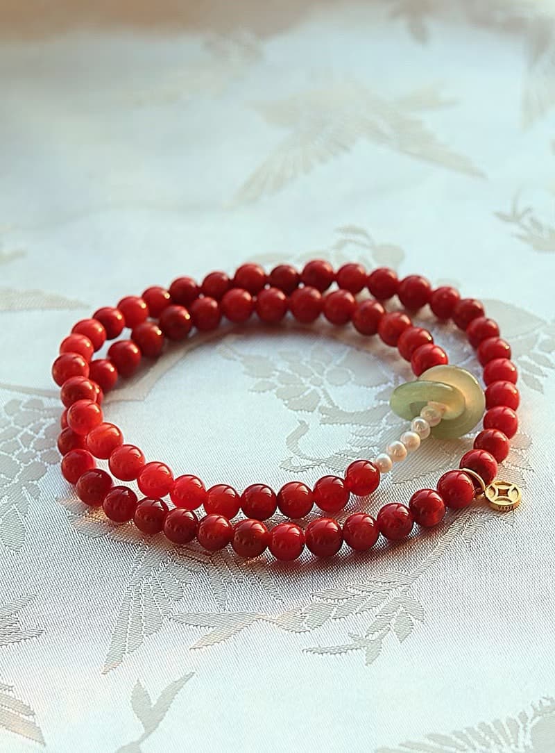 天然川料南紅瑪瑙 和田玉環環相扣純銀銅錢設計多圈手串手鍊s