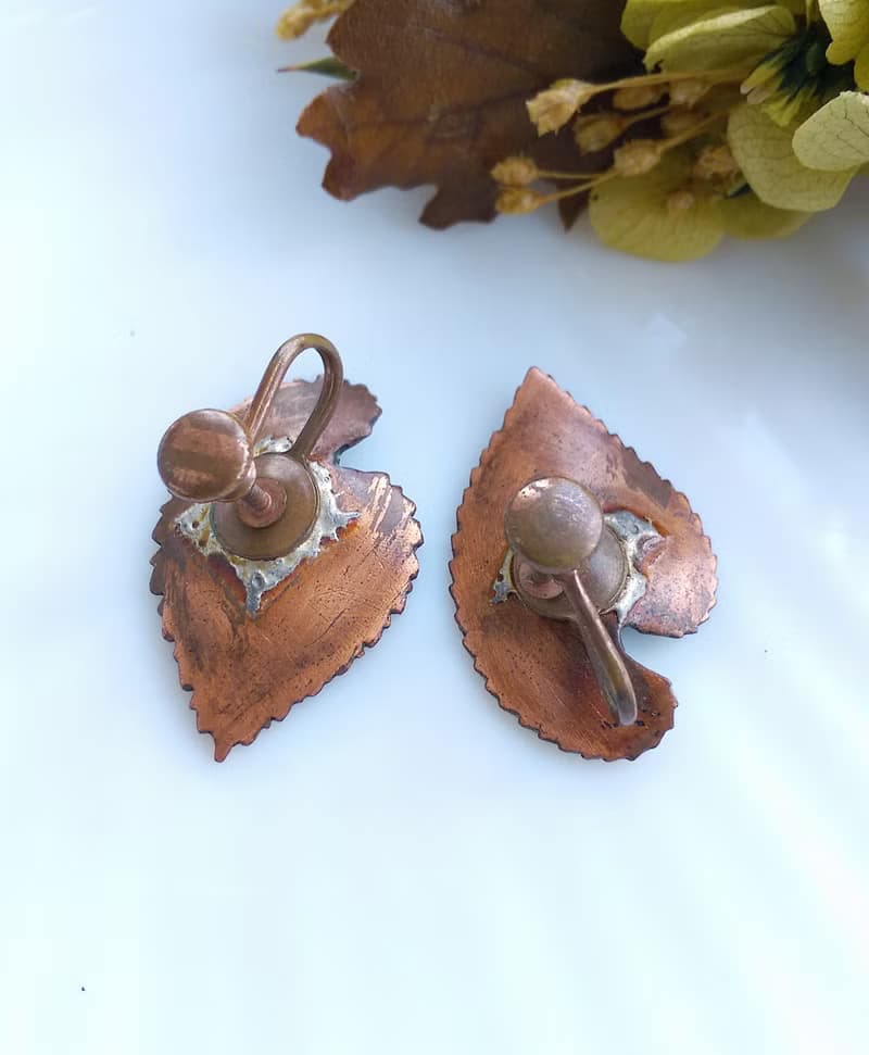 Vintage Jewelry 西洋古董飾品 Copper 手工 心葉 栓式耳環