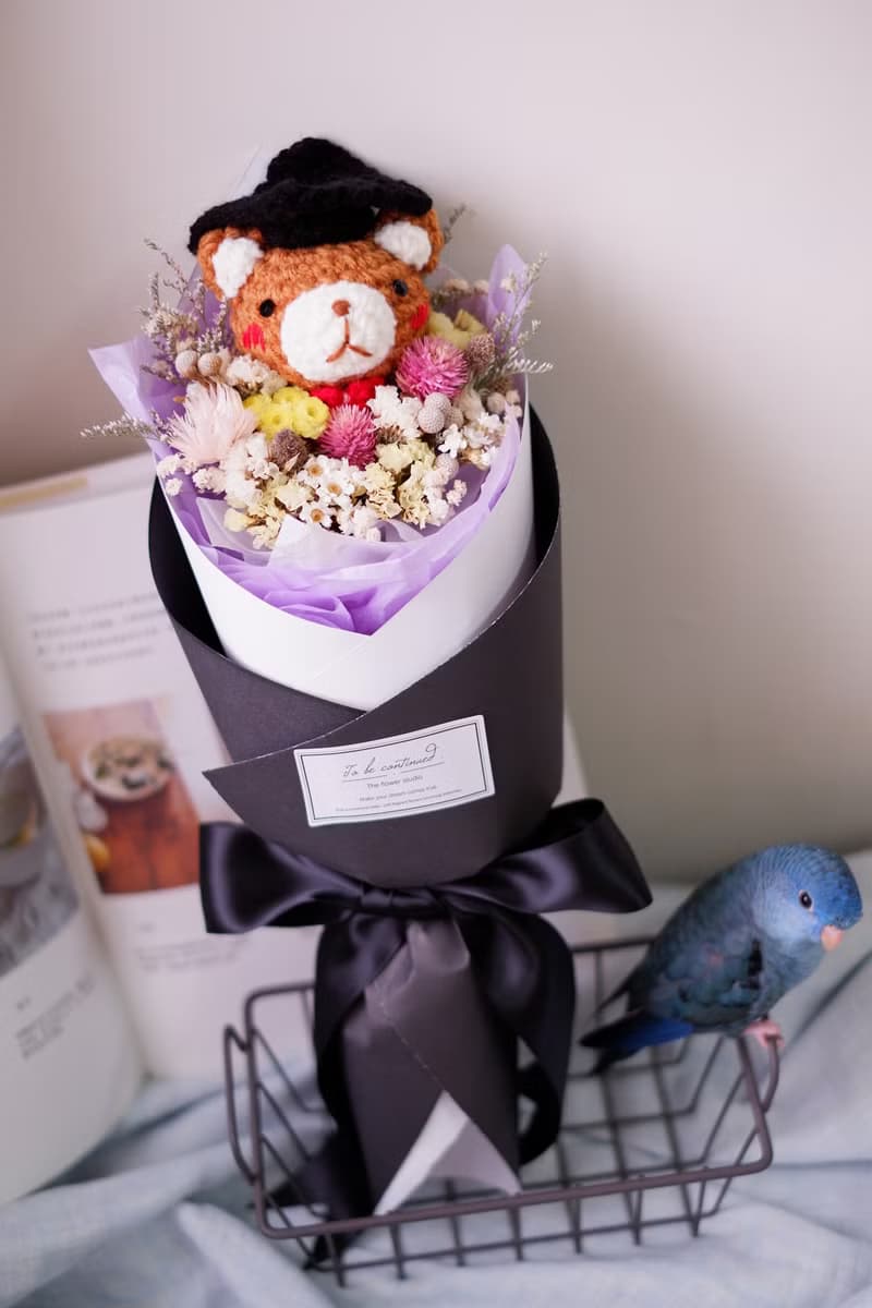 未完待續 | 手工 畢業熊乾燥花 長花束  鉤針娃娃 棕熊款 預購