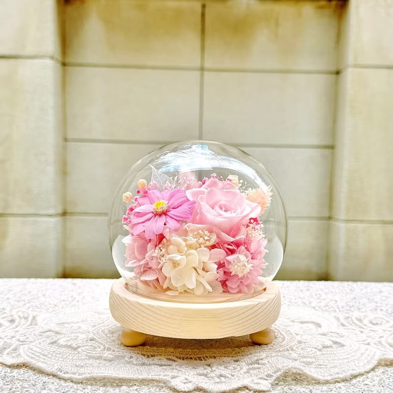 繽紛夢幻/永生花/乾燥花/圓形/夜燈/玻璃盅/玻璃罩