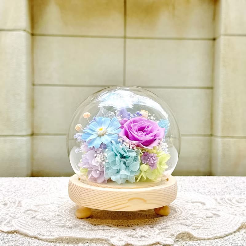 繽紛夢幻/永生花/乾燥花/圓形/夜燈/玻璃盅/玻璃罩