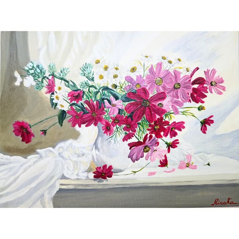 瓶中插著粉紅色大波斯菊的花束 花卉靜物 RinaArtSK 原創藝術作