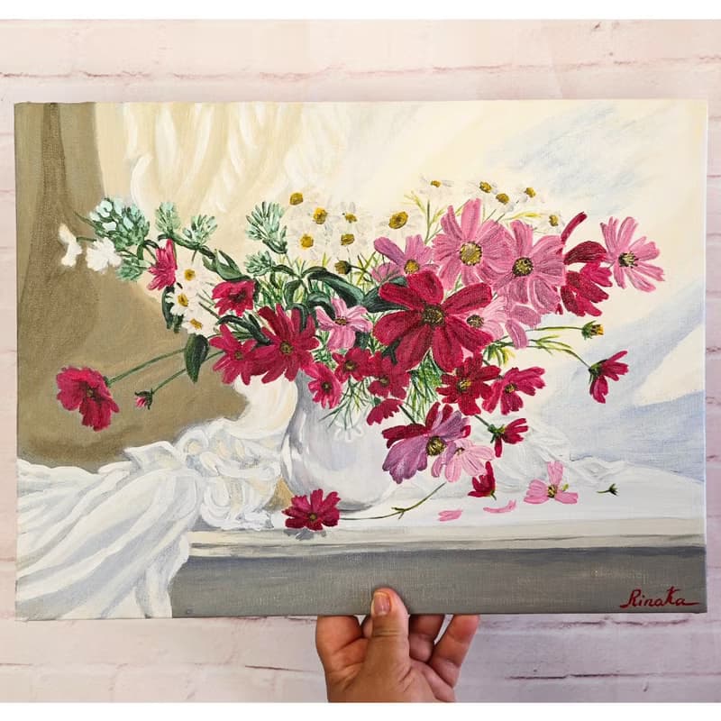 瓶中插著粉紅色大波斯菊的花束 花卉靜物 RinaArtSK 原創藝術作