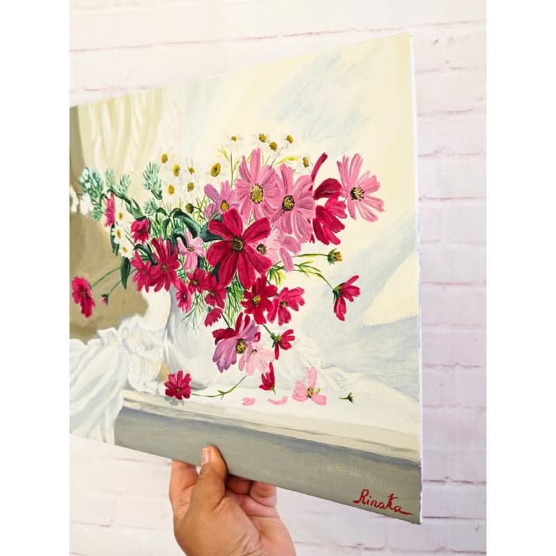 瓶中插著粉紅色大波斯菊的花束 花卉靜物 RinaArtSK 原創藝術作