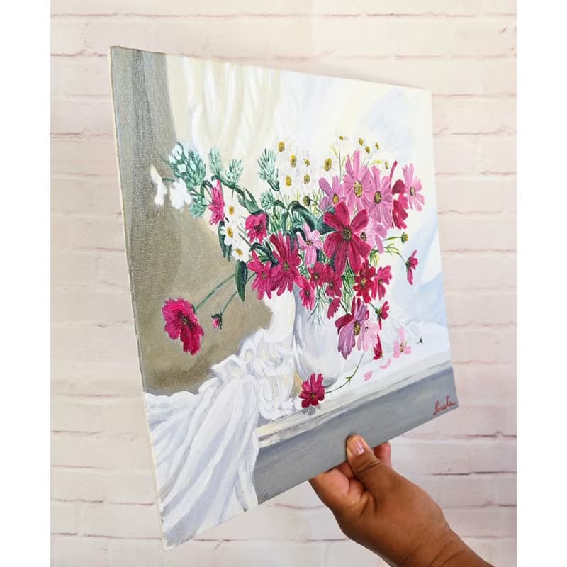 瓶中插著粉紅色大波斯菊的花束 花卉靜物 RinaArtSK 原創藝術作