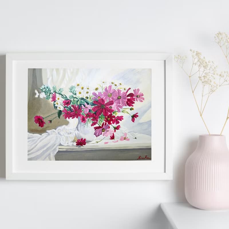 瓶中插著粉紅色大波斯菊的花束 花卉靜物 RinaArtSK 原創藝術作